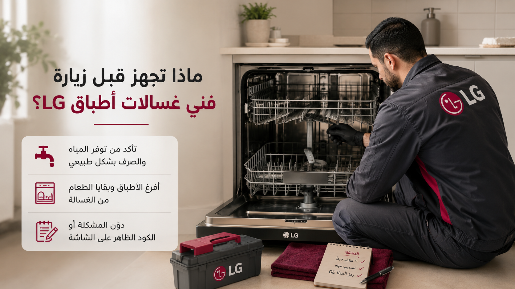 ماذا تجهز قبل زيارة فني غسالات أطباق LG؟